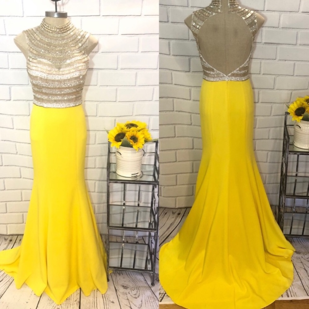 Mock neck embellished open back yellow mermaid gown dress - Picture 1 of 8
